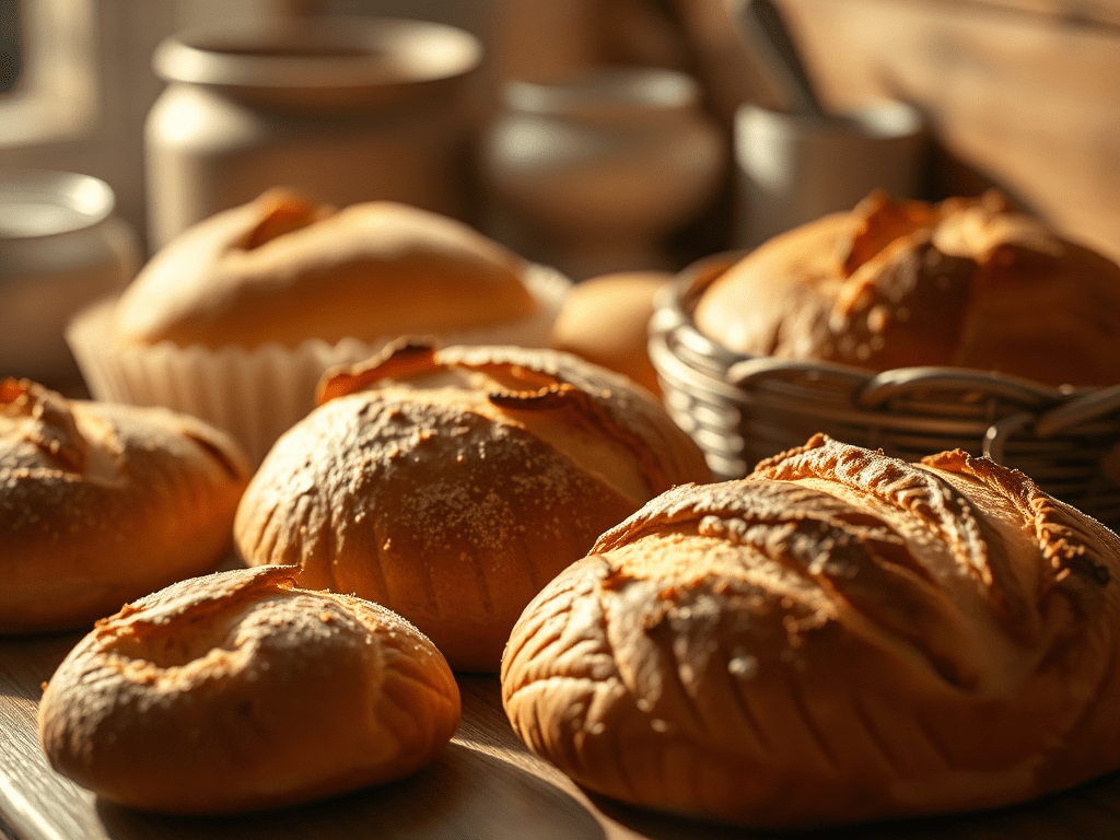 A selection of freshly baked breads displayed on a wooden surface, featuring golden-brown crusts and various shapes.